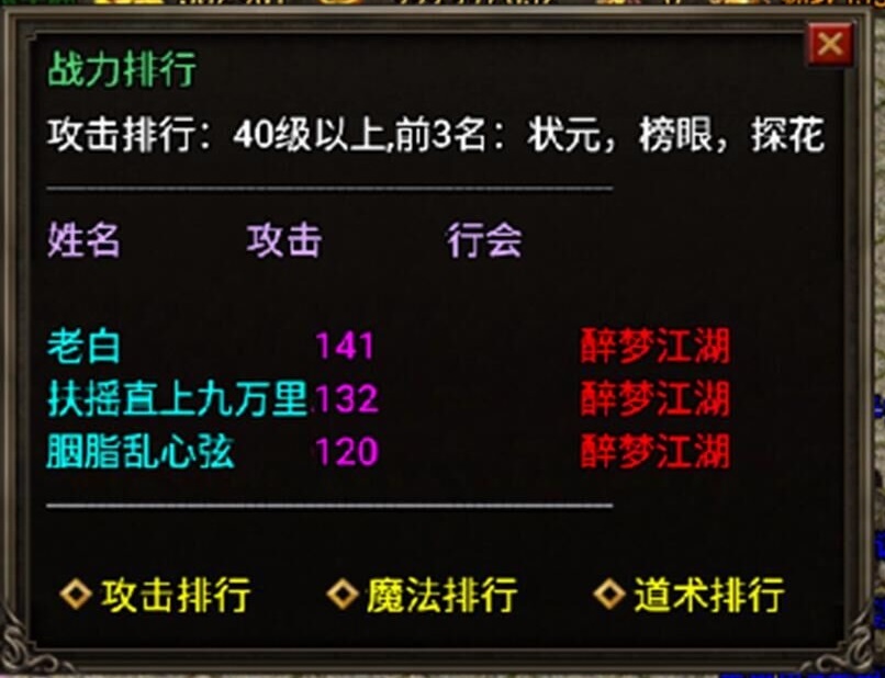 三职业战力排行榜Npc脚本(战士+道士+法师属性排名)